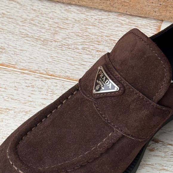 Prada Brown Suede Triangle Loafers NEW - Picture 9 of 16
